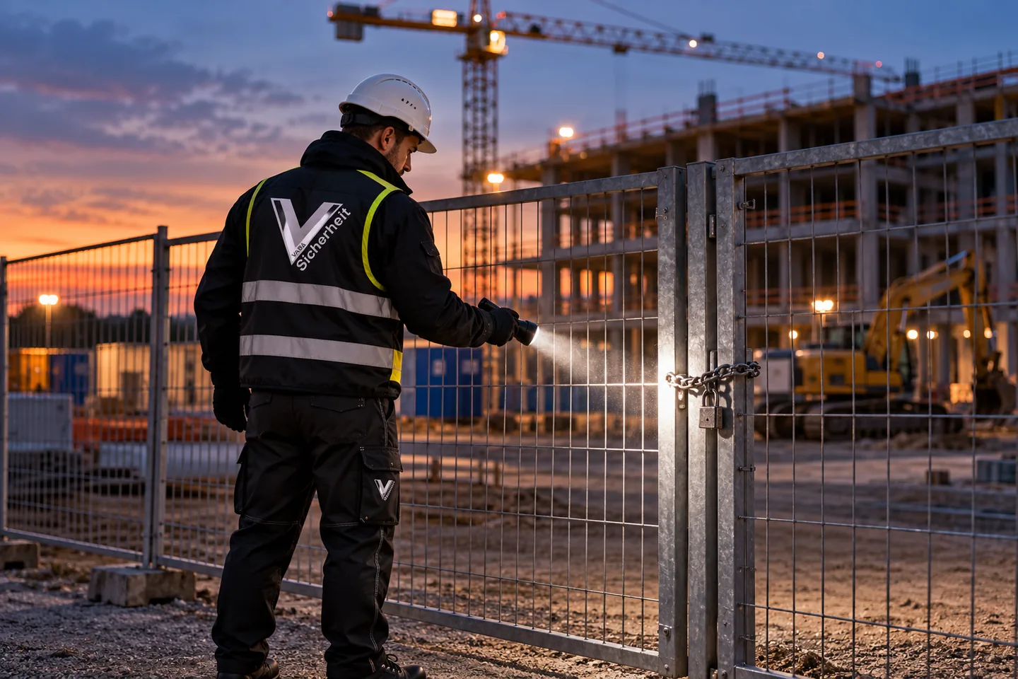 Sicherheitskraft kontrolliert einen Baustellenzaun