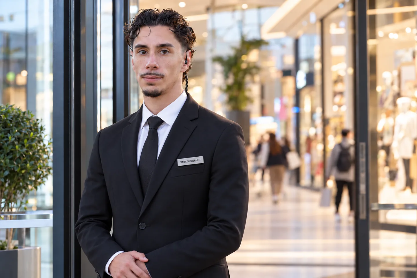 Doorman mit VABA-Namensschild am Eingang eines Einkaufszentrums